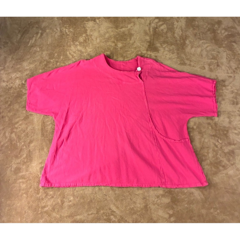 Abaca Women XL Pink Textured Cotton Gauze Asymmetrical Wrap Button Top Lagenlook